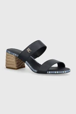 Kožené pantofle Tommy Hilfiger BLOCK MID HEEL SHIRTING SANDAL dámské, tmavomodrá barva, na podpatku, FW0FW07742