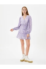 Koton Floral Double Breasted Mini Dress Tulle Long Balloon Sleeve Ruffle Detailed