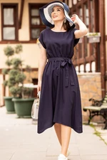 armonika Women's Navy Blue Elastic Tie Waist Dress