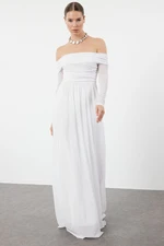 Trendyol White A-Cut Carmen Neckline Knitted Tulle Long Evening Evening Dress