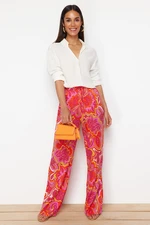 Trendyol Pink Wide Leg Patterned Woven Trousers with Elastic Waist Tie Detail