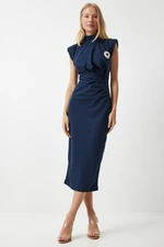 Happiness İstanbul Women's Navy Blue Stylish Brooch Gathered Saran Knitted Dress