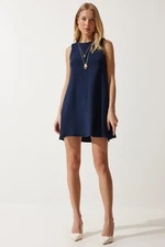 Happiness İstanbul Women's Navy Blue Crew Neck Summer Woven Bell Dress