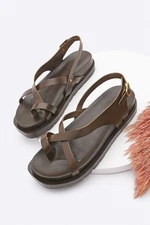 Marjin Women's Genuine Leather Thick Sole Flip Flop Daily Sandals Sufes Brown