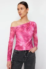 Trendyol Pink*001 Patterned Tulle Lined Asymmetrical Collar Knitted Blouse