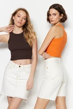 Trendyol Hnědo-Oranžový 2-Pack Přiléhavý Crop, Manšestr, Elastické Pletené Tričko