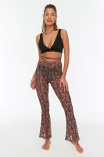 Trendyol Brown Leopard Pattern High Waist Mesh Beach Trousers with Tie Details