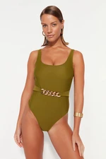 Trendyol Khaki Belted Round Neck Regular Leg Swimsuit