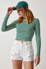 Happiness İstanbul Women's Dark Green Crew Neck Striped Crop Knitted Blouse