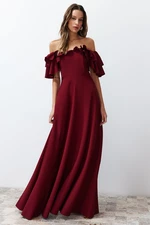Trendyol Claret Red Waist A-Cut Woven Flounce Long Evening Evening Dress