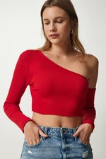 Happiness İstanbul Women's Red Single Sleeve Ribbed Crop Knitted Blouse