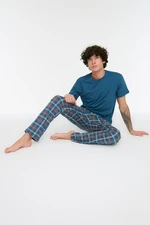 Trendyol Navy Blue Plaid Knitted 100% Cotton Pajamas Set