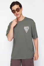 Trendyol Khaki Oversize/Wide Cut Crew Neck City Printed 100% Cotton T-Shirt