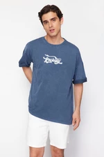 Trendyol Indigo Oversize/Wide Cut Antique Faded Effect 100% Cotton T-Shirt