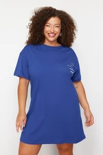 Trendyol Curve Blue Crew Neck Printed T-shirt 100% Cotton Knitted Dress