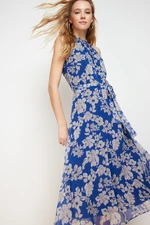 Trendyol Navy Blue Floral Print Belted A-line Halter Neck Sleeveless Midi Lined Woven Dress