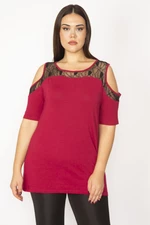 Şans Women's Plus Size Claret Red Blouse with Lace Detail