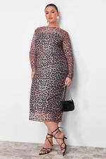 Trendyol Curve Multi Color Leopard Patterned Tulle Midi Knitted Dress