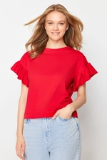 Trendyol Red 100% Cotton Ruffle Detailed Basic Crew Neck Knitted T-Shirt