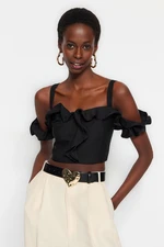 Trendyol Black Crop Lined Woven Ruffle Bustier