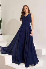 Carmen Navy Blue Chiffon Collar Long Evening Dress And Invitation Dress