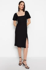 Trendyol Black Square Neck Balloon Sleeve A-Line Slit Detailed Midi kötött ruha