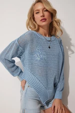 Happiness İstanbul Women's Sky Blue Asymmetrical Detailed Summer Knitwear Sweater