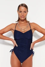 Trendyol Strapless Navy Blue Tunnel Textured High Leg Swimsuit