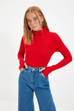 Trendyol Red Fitted Crop Turtleneck Finger Detailed Ribbed Stretchy Knitted Blouse
