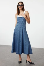 Trendyol Blue Strappy Maxi Denim Dress with Stitching Detail