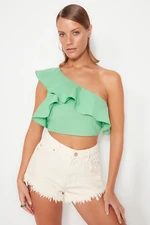 Trendyol Green Crop Woven Flounce One Shoulder 100% Cotton Blouse