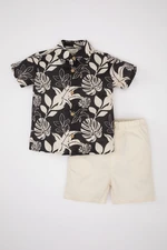 DEFACTO Baby Boy 2-Piece Set Palm Tree Patterned Flame Poplin Shirt Top Elastic Waist Shorts Bottom