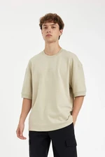 DEFACTO Men's Beige Loose Fit Loose Cut Crew Neck Printed Heavy Fabric Cotton Short Sleeve T-Shirt