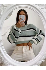 49425 Dewberry Striped Knit Crop Women Sweater-LIGHT GREEN