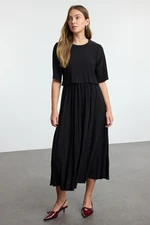 Trendyol Black Pleated Skater Midi Crew Neck Stretchy Knitted Dress