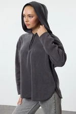 Trendyol Anthracite Thick Polar Fleece Hooded and Zippered Oversize/Wide Pattern Knitted Sweatshirt