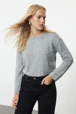 Trendyol Light Grey Soft Texture Crop Stone Embroidered Knitwear Sweater