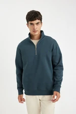 DEFACTO Men's Petrol Blue Comfort Fit Stand Collar Zipper Thick Basic Plain Sweatshirt