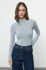 Trendyol Light Blue Ruffle/Drape Detailed Stand-Up Collar Lined Knitted Bodysuit