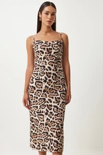 Happiness İstanbul Women's Black Beige Leopard Patterned Strappy Midi Dress