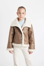 DEFACTO Girls Water Repellent Large Collar Plush Lined Buttoned Jacket Coat