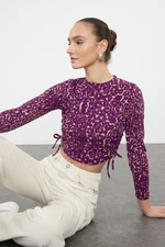 Trendyol Pink Printed Fitted Gather/Drape Detailed Stretchy Knitted Blouse