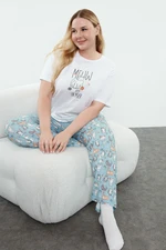 Trendyol Curve Blue Cat Patterned Knitted Pajama Set