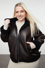 Trendyol Curve Brown Regular Fit Faux Leather Biker Coat with Fur Detail