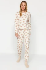 Trendyol Cream 100% Cotton Heart Tshirt-Jogger Knitted Pajama Set