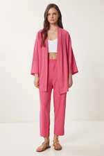 Happiness İstanbul Women's Dark Pink Kimono and Pants Knit Set