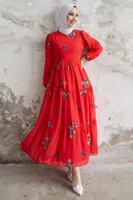 InStyle Vanes Floral Embroidery Chiffon Dress - Red