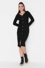 Trendyol Black V-Neck Buttoned Midi Knitted Dress