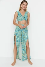 Trendyol Green Floral Print Beach Top-Top Set with a slit