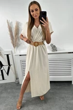 Long dress with decorative belt light beige